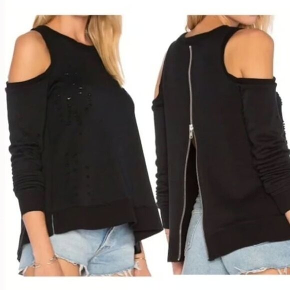 Revolve/ Central Park West Cold Shoulder Distressed Sweatshirt in Black Sz Small - Picture 2 of 5